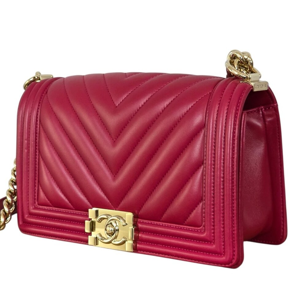 CHANEL Medium Le Boy Merlot Wine Chevron Lambskin Chain Shoulder Bag Leather